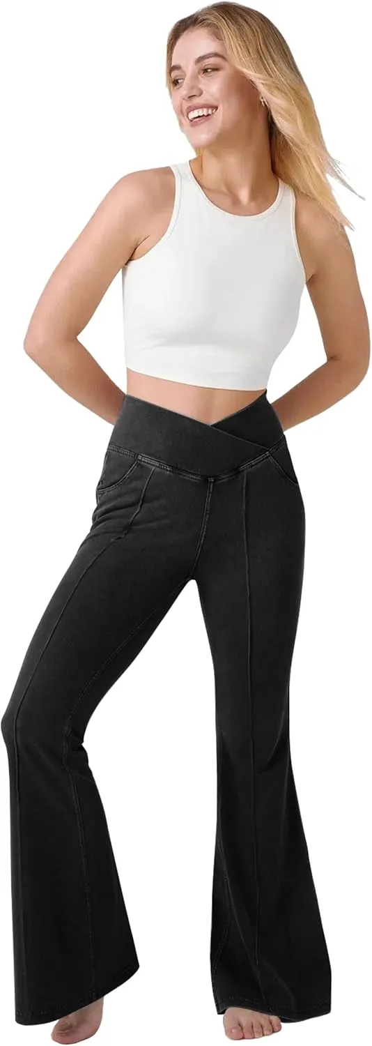 Desol Flare Jeans for Women High Cross Waisted Seamed Front Bell Bottom Denim Pants Tummy Control Trouser Jeans with Pockets