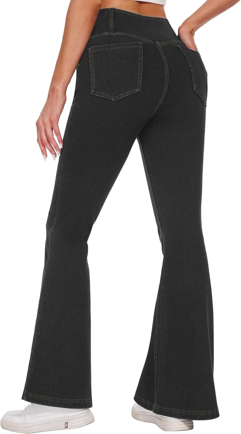 Desol Flare Jeans for Women High Cross Waisted Seamed Front Bell Bottom Denim Pants Tummy Control Trouser Jeans with Pockets