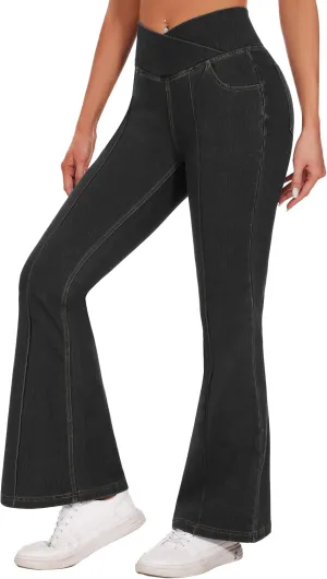 Desol Flare Jeans for Women High Cross Waisted Seamed Front Bell Bottom Denim Pants Tummy Control Trouser Jeans with Pockets