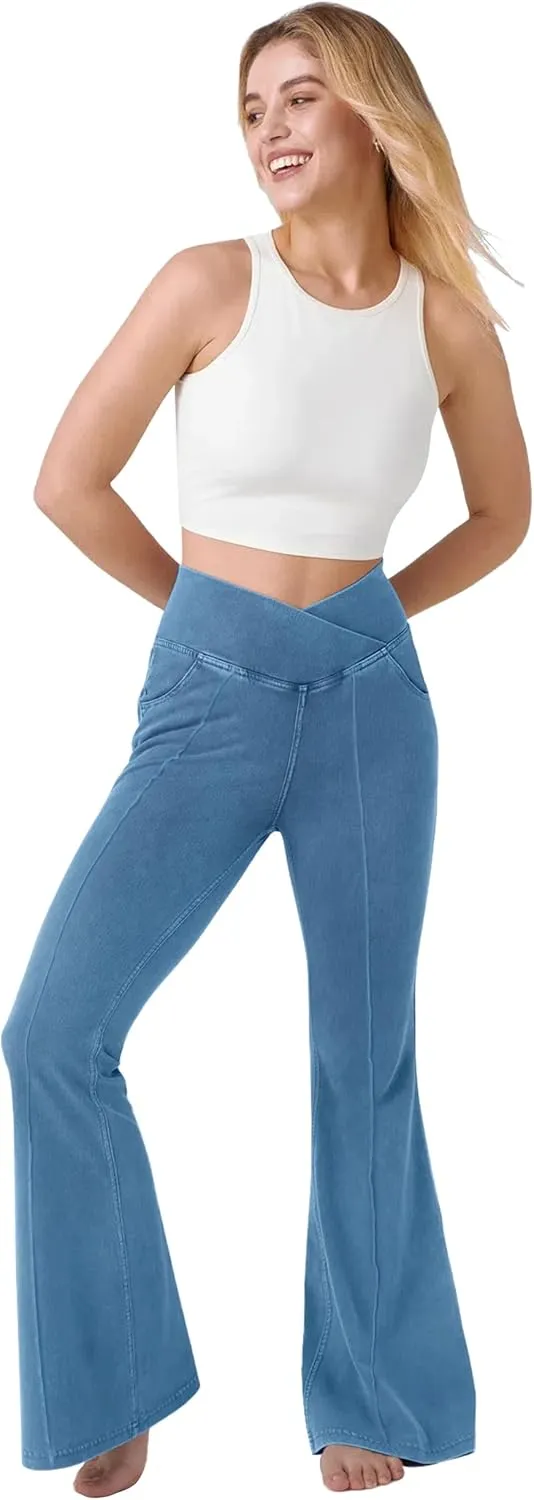 Desol Flare Jeans for Women High Cross Waisted Seamed Front Bell Bottom Denim Pants Tummy Control Trouser Jeans with Pockets