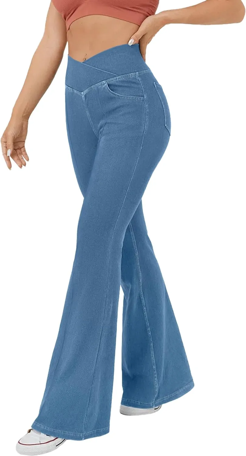 Desol Flare Jeans for Women High Cross Waisted Seamed Front Bell Bottom Denim Pants Tummy Control Trouser Jeans with Pockets