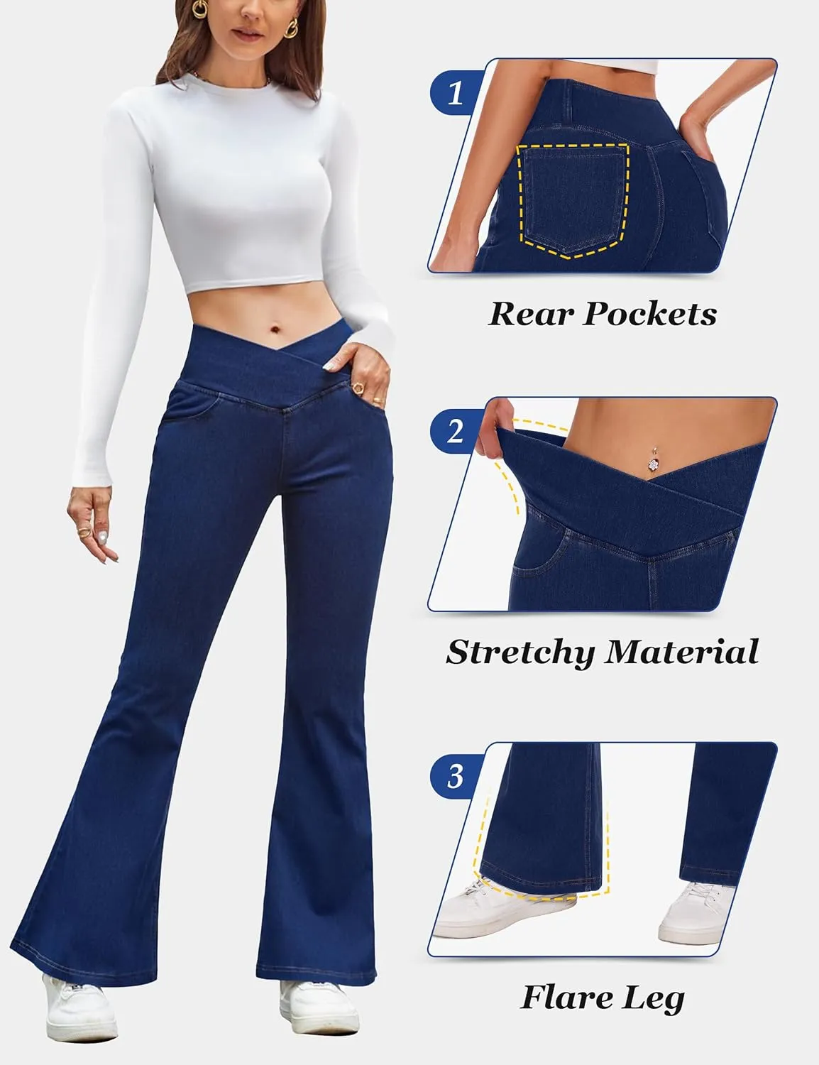 Desol Flare Jeans for Women Strechy Bell Bottom Pull On Jeans High Cross Waisted Tummy Control Bootcut Pants with Pockets