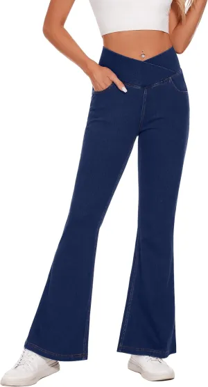 Desol Flare Jeans for Women Strechy Bell Bottom Pull On Jeans High Cross Waisted Tummy Control Bootcut Pants with Pockets