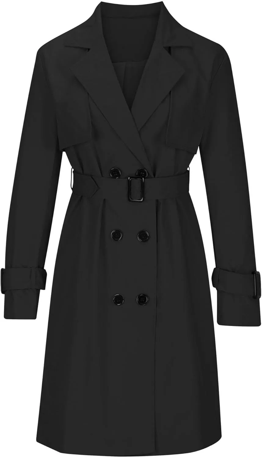 DGHM-JLMY Women's Solid Color Long Trench Coat Double Breasted Lapel Slim Overcoat Lightweight Fashion Windbreaker with Belt