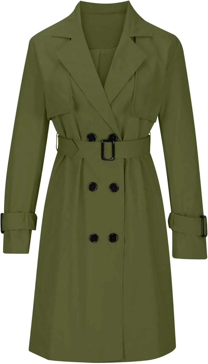 DGHM-JLMY Women's Solid Color Long Trench Coat Double Breasted Lapel Slim Overcoat Lightweight Fashion Windbreaker with Belt