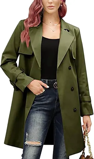 DGHM-JLMY Women's Solid Color Long Trench Coat Double Breasted Lapel Slim Overcoat Lightweight Fashion Windbreaker with Belt