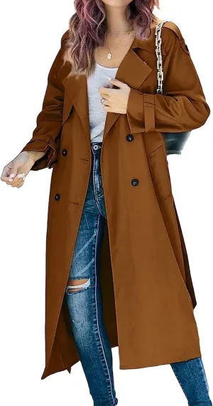 DGHM-JLMY Women's Solid Color Long Trench Coat Double Breasted Lapel Slim Overcoat Lightweight Fashion Windbreaker with Belt