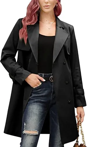 DGHM-JLMY Women's Solid Color Long Trench Coat Double Breasted Lapel Slim Overcoat Lightweight Fashion Windbreaker with Belt