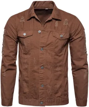 Dninmim Men's Brown Denim Casual Jacket Solid Single Breasted Patch Pocket Coat