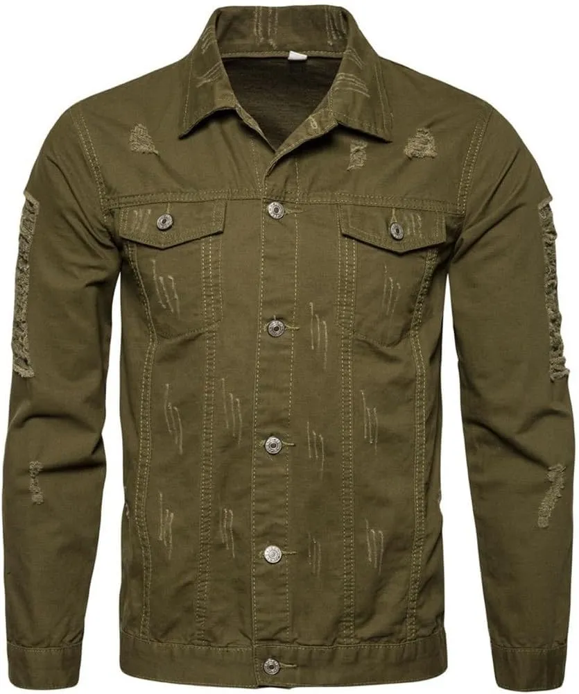 Dninmim Men's Brown Denim Casual Jacket Solid Single Breasted Patch Pocket Coat