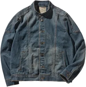 Dninmim Men's Neck Stand Collar Slim Denim Jacket Vintage Wash Button Casual Patchwork Coat