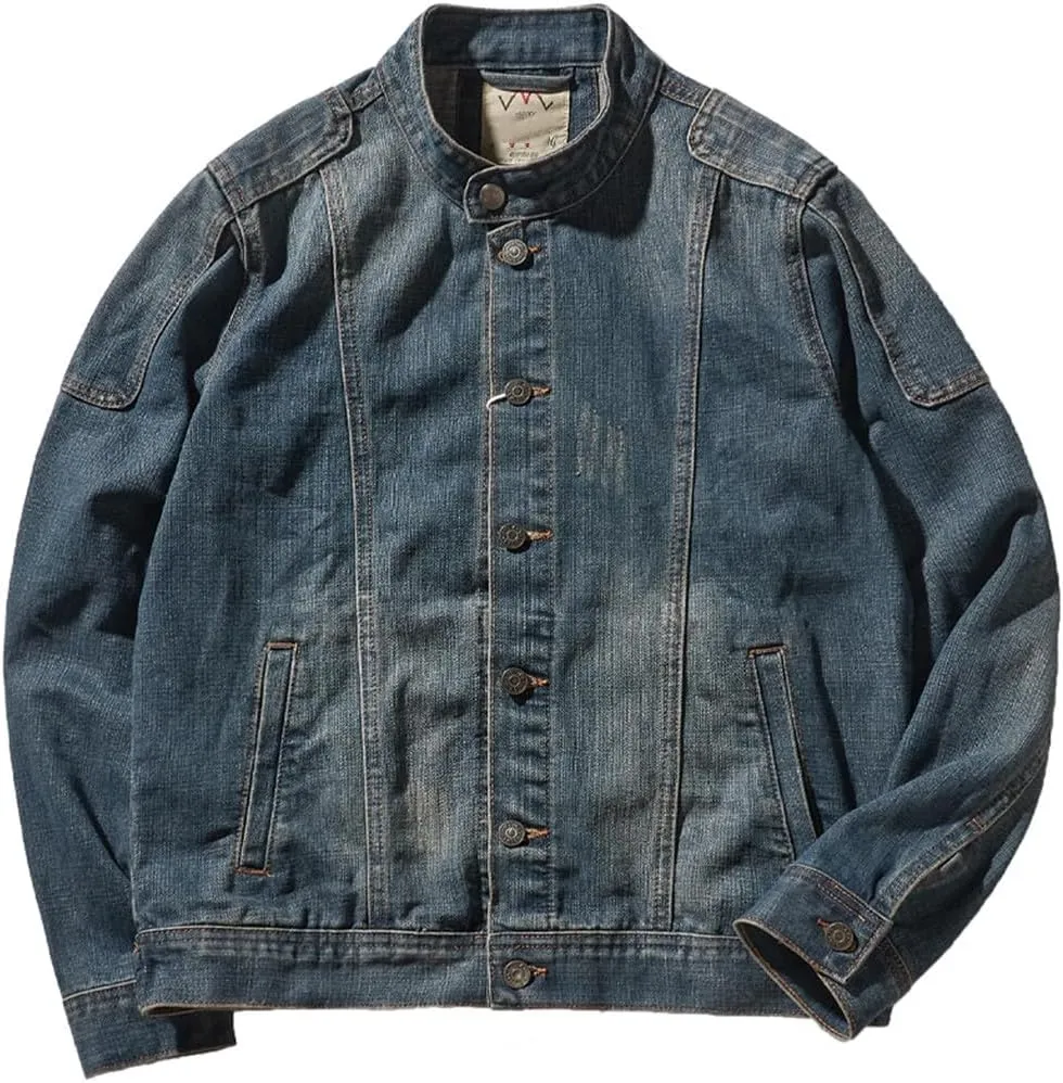 Dninmim Men's Neck Stand Collar Slim Denim Jacket Vintage Wash Button Casual Patchwork Coat
