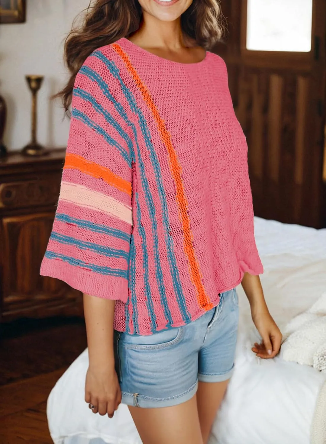Dokotoo Womens 2025 Spring Casual Color Block Striped Lightweight Comfy Cable Knit Trendy Boho Clothes Pullover Sweaters