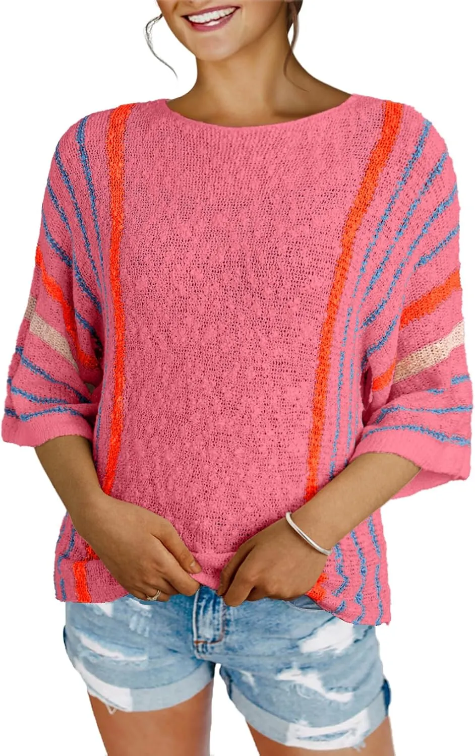 Dokotoo Womens 2025 Spring Casual Color Block Striped Lightweight Comfy Cable Knit Trendy Boho Clothes Pullover Sweaters
