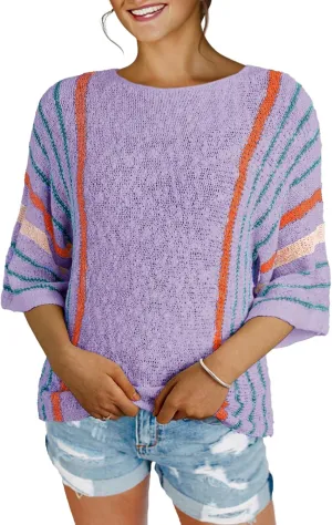 Dokotoo Womens 2025 Spring Casual Color Block Striped Lightweight Comfy Cable Knit Trendy Boho Clothes Pullover Sweaters