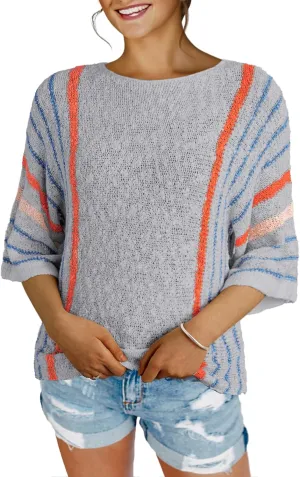 Dokotoo Womens 2025 Summer Casual Color Block Striped Lightweight Comfy Cable Knit Trendy Boho Clothes Pullover Sweaters