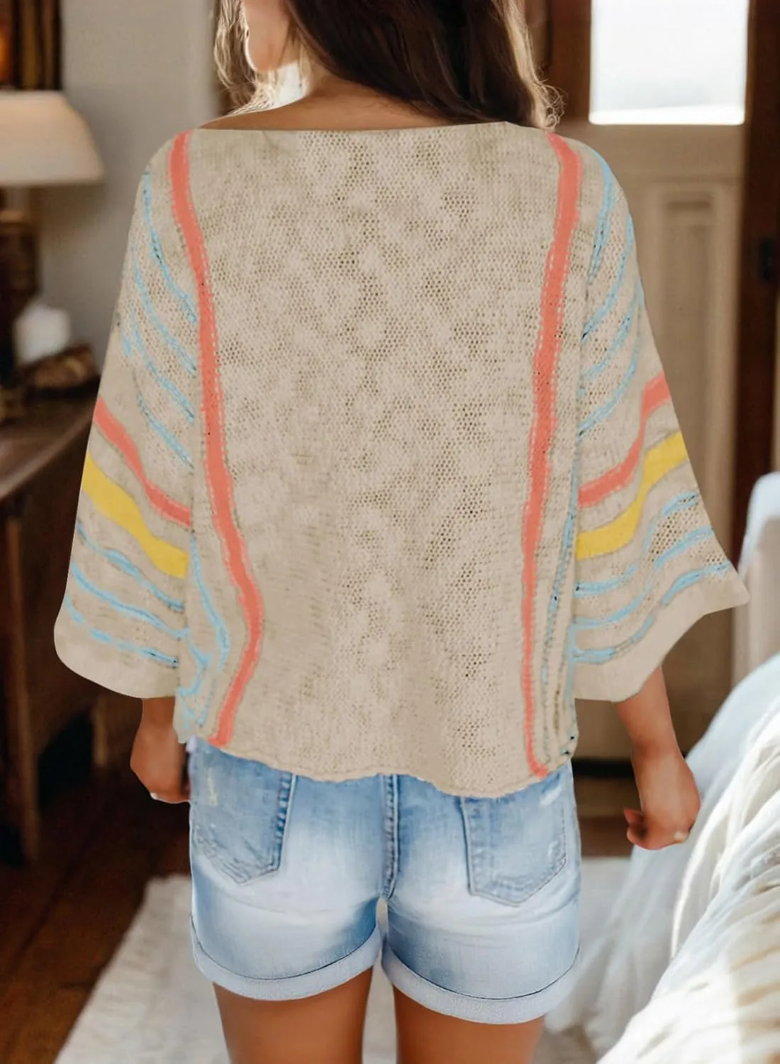 Dokotoo Womens 2025 Summer Casual Color Block Striped Lightweight Comfy Cable Knit Trendy Boho Clothes Pullover Sweaters