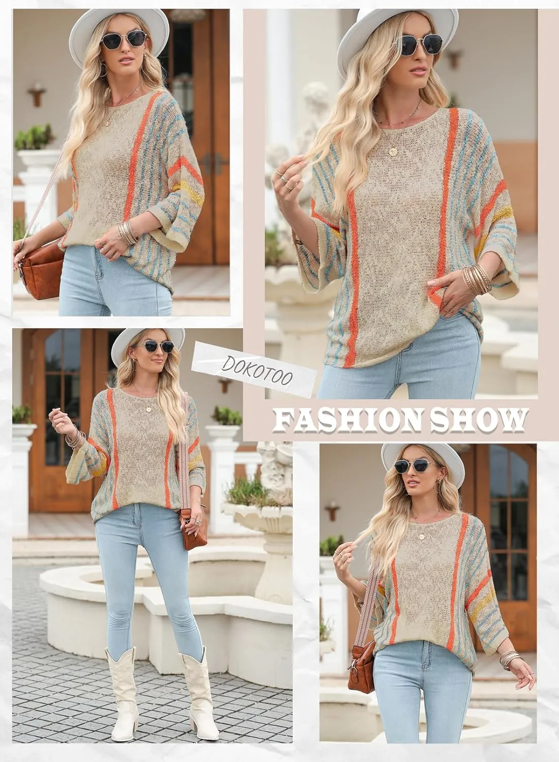 Dokotoo Womens 2025 Summer Casual Color Block Striped Lightweight Comfy Cable Knit Trendy Boho Clothes Pullover Sweaters