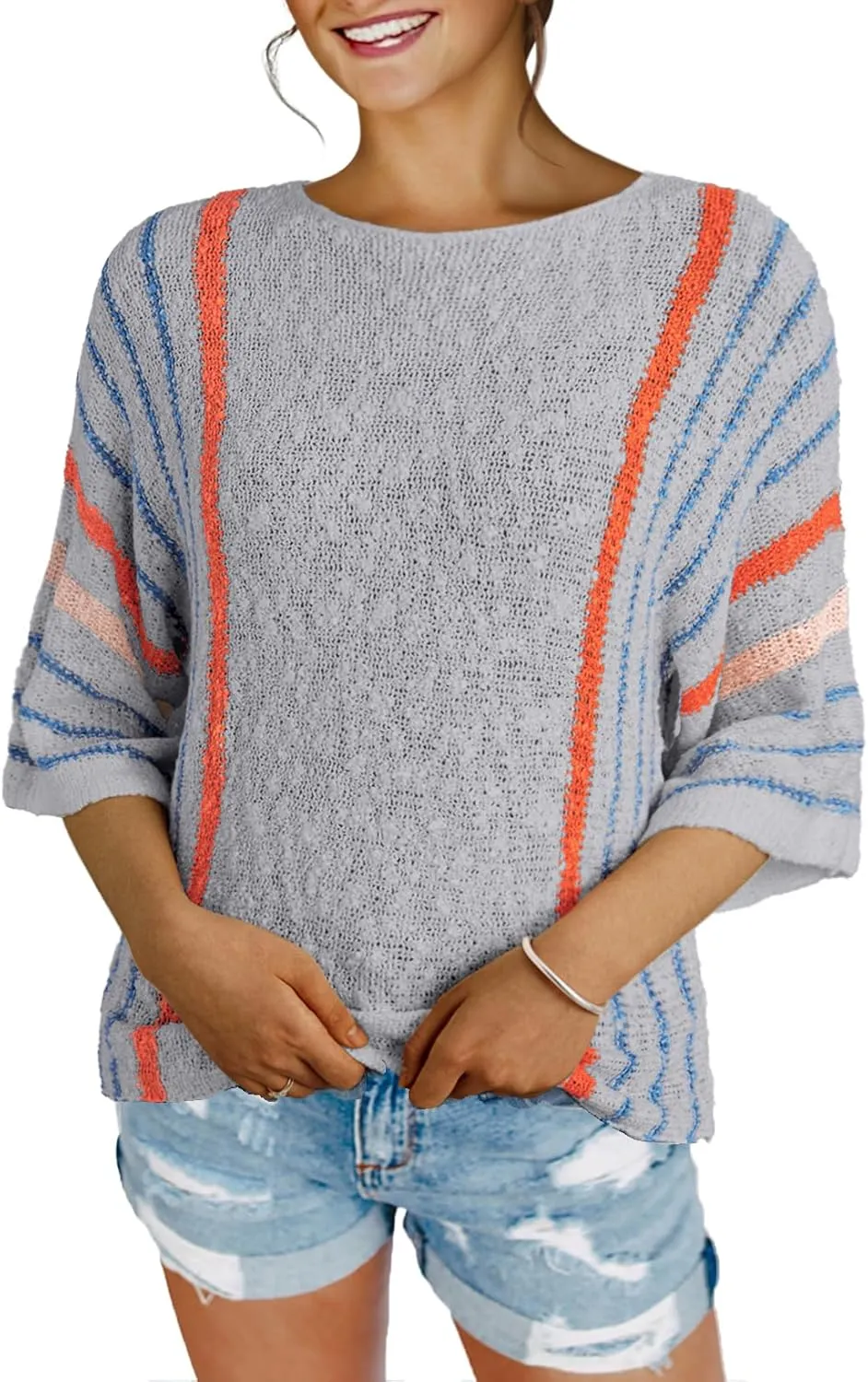 Dokotoo Womens 2025 Summer Casual Color Block Striped Lightweight Comfy Cable Knit Trendy Boho Clothes Pullover Sweaters