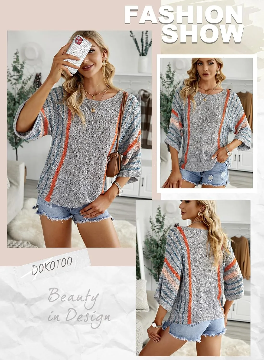 Dokotoo Womens 2025 Summer Casual Color Block Striped Lightweight Comfy Cable Knit Trendy Boho Clothes Pullover Sweaters