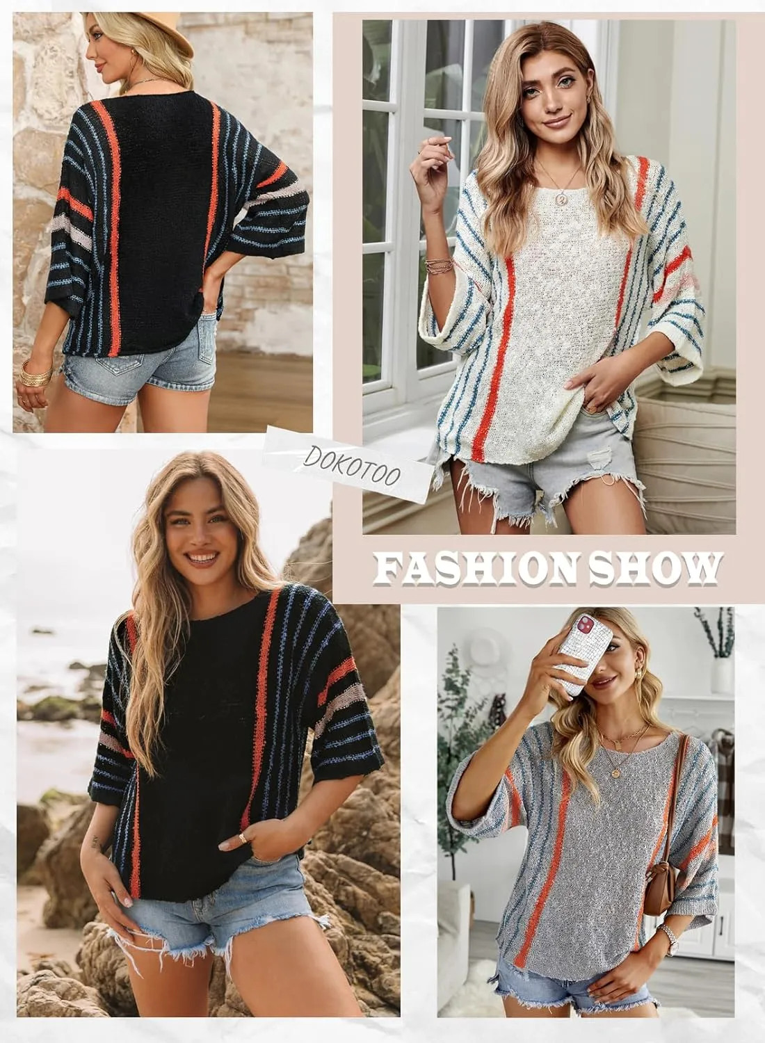 Dokotoo Womens 2025 Summer Casual Color Block Striped Lightweight Comfy Cable Knit Trendy Boho Clothes Pullover Sweaters