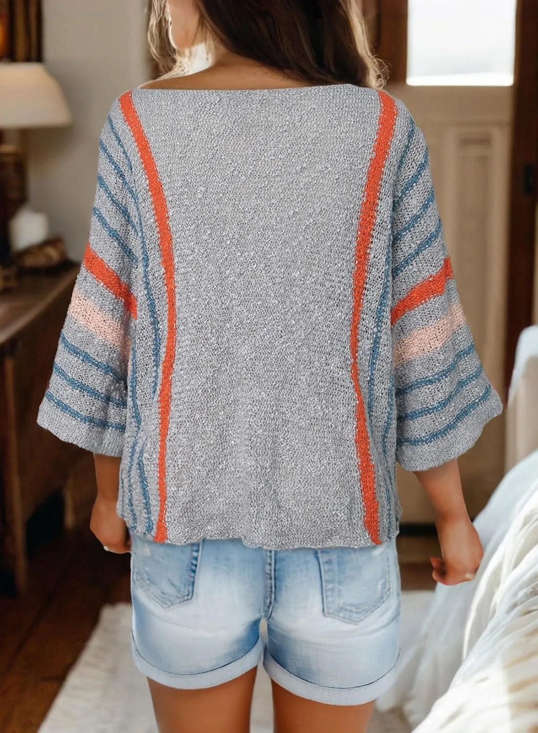 Dokotoo Womens 2025 Summer Casual Color Block Striped Lightweight Comfy Cable Knit Trendy Boho Clothes Pullover Sweaters