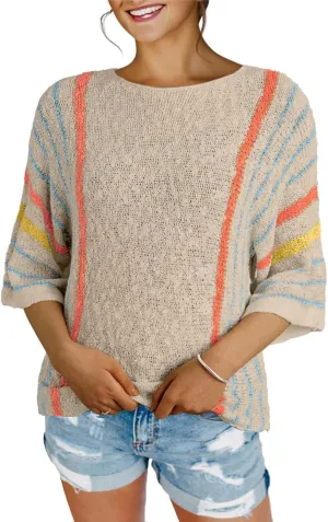 Dokotoo Womens 2025 Summer Casual Color Block Striped Lightweight Comfy Cable Knit Trendy Boho Clothes Pullover Sweaters