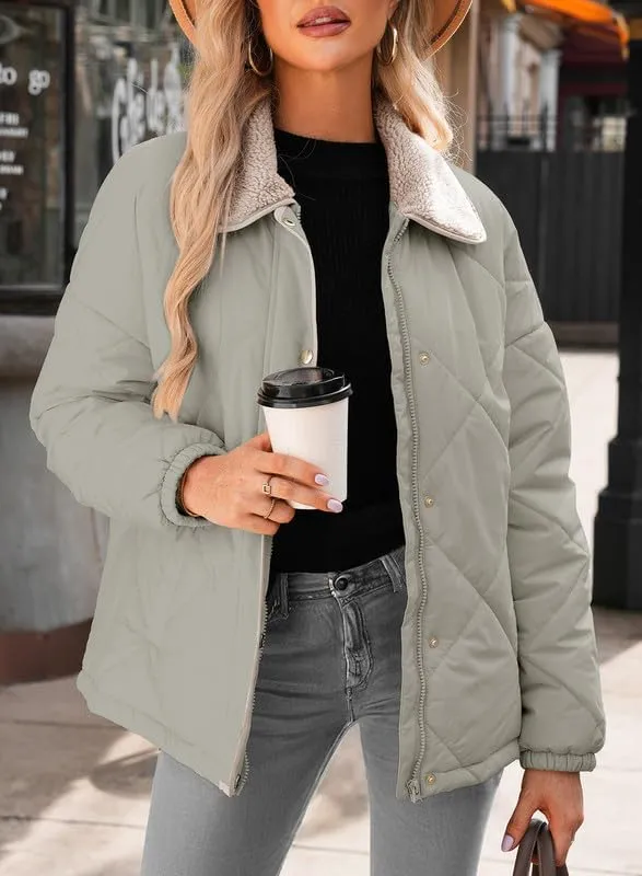 Dokotoo Women's Winter Casual Quilted Jackets Long Sleeve Button Down Puffer Jacket Padded Outerwear Coats