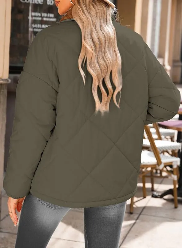 Dokotoo Women's Winter Casual Quilted Jackets Long Sleeve Button Down Puffer Jacket Padded Outerwear Coats