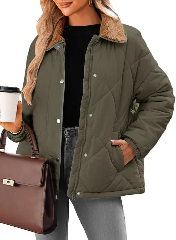 Dokotoo Women's Winter Casual Quilted Jackets Long Sleeve Button Down Puffer Jacket Padded Outerwear Coats