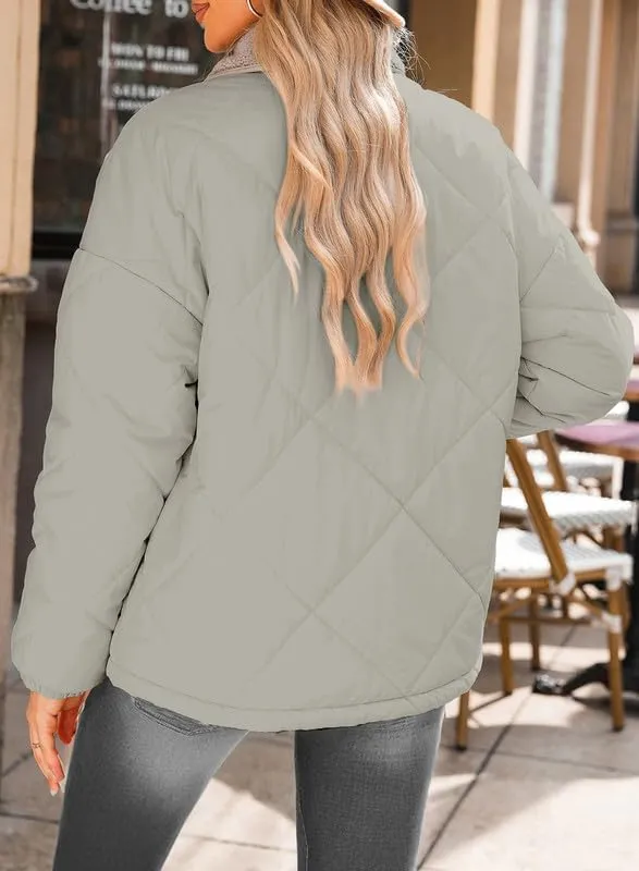 Dokotoo Women's Winter Casual Quilted Jackets Long Sleeve Button Down Puffer Jacket Padded Outerwear Coats