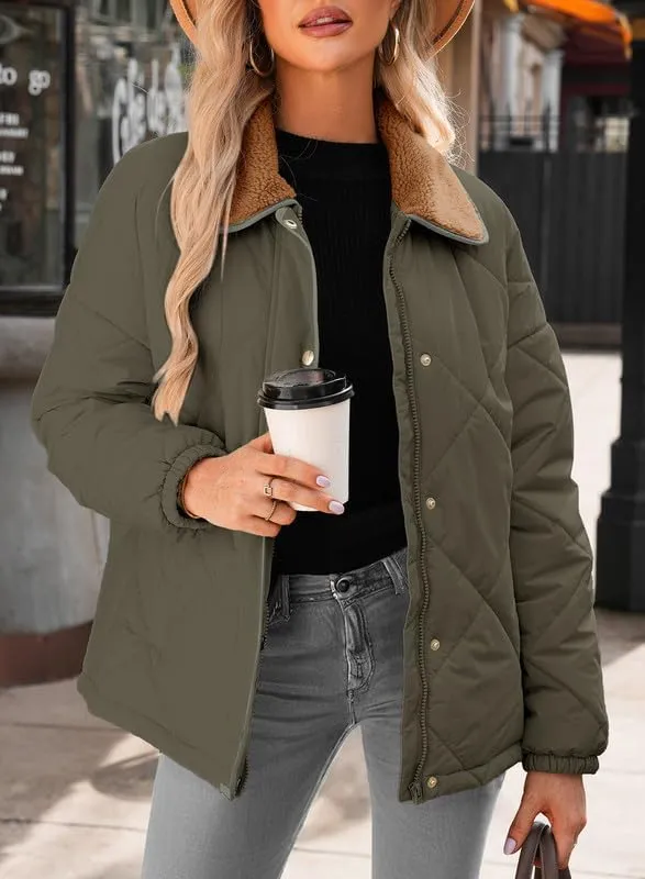 Dokotoo Women's Winter Casual Quilted Jackets Long Sleeve Button Down Puffer Jacket Padded Outerwear Coats