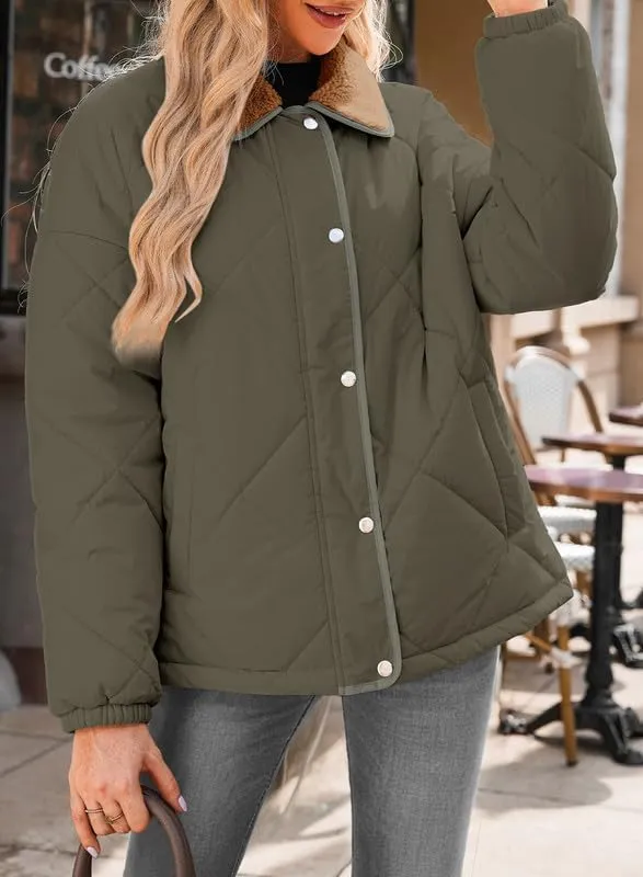 Dokotoo Women's Winter Casual Quilted Jackets Long Sleeve Button Down Puffer Jacket Padded Outerwear Coats