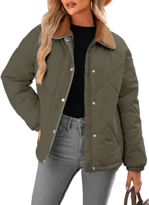 Dokotoo Women's Winter Casual Quilted Jackets Long Sleeve Button Down Puffer Jacket Padded Outerwear Coats