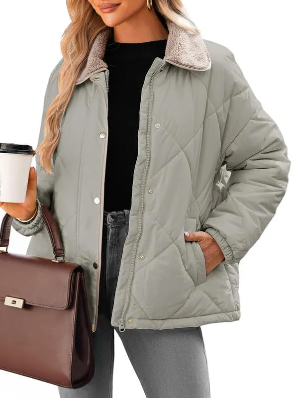 Dokotoo Women's Winter Casual Quilted Jackets Long Sleeve Button Down Puffer Jacket Padded Outerwear Coats