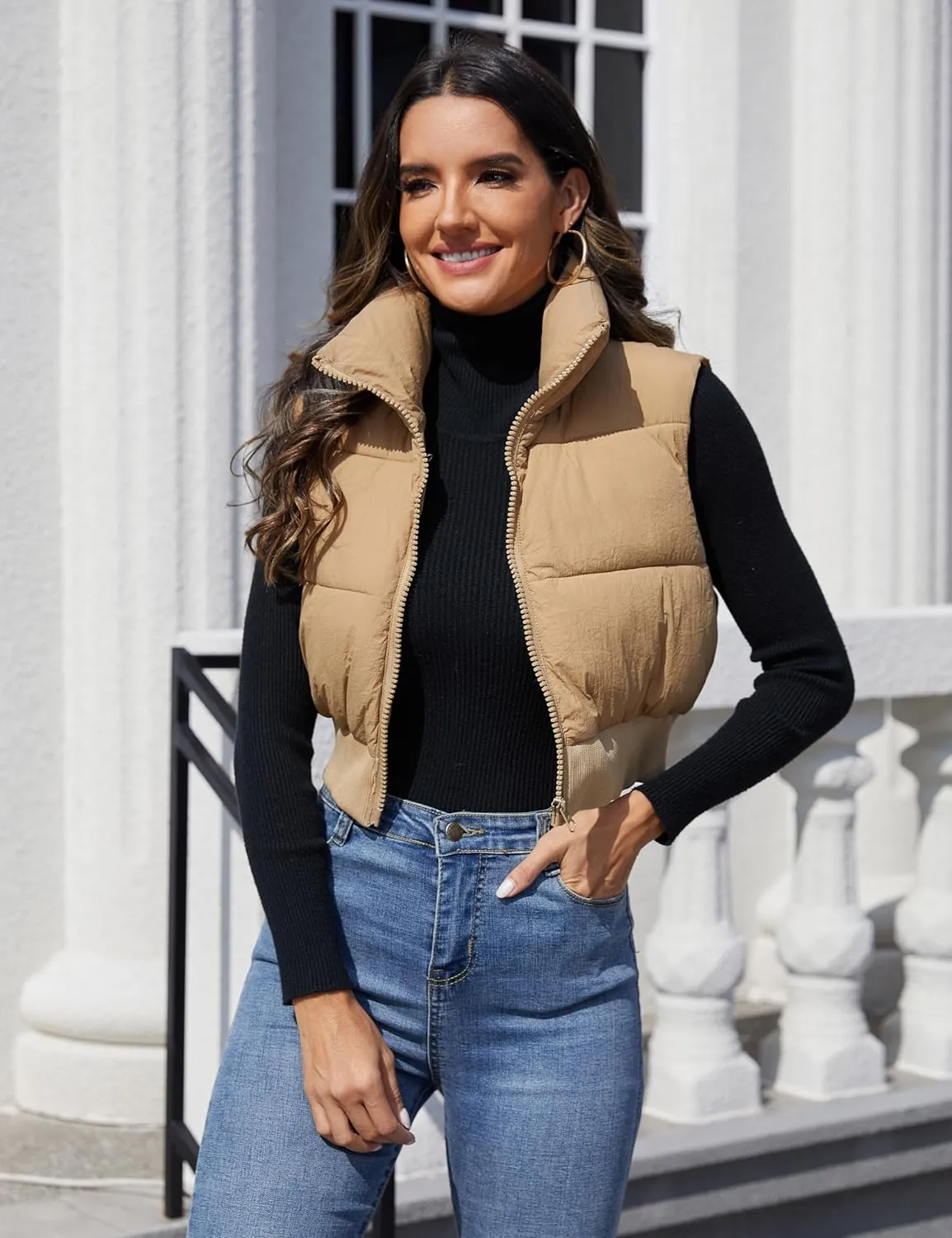 Dqbeng Cropped Puffer Vest Women Zip Up Stand Collar Sleeveless Outerwear Padded Crop Puffy Vests