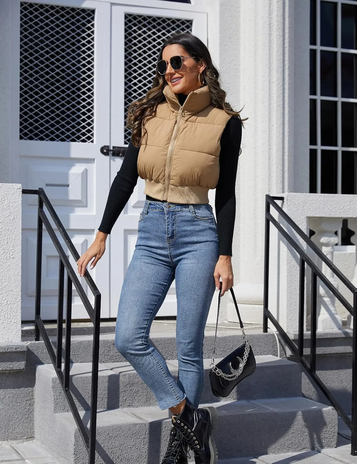 Dqbeng Cropped Puffer Vest Women Zip Up Stand Collar Sleeveless Outerwear Padded Crop Puffy Vests
