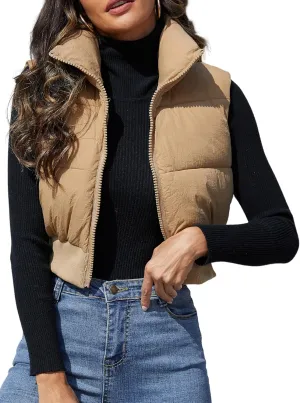 Dqbeng Cropped Puffer Vest Women Zip Up Stand Collar Sleeveless Outerwear Padded Crop Puffy Vests