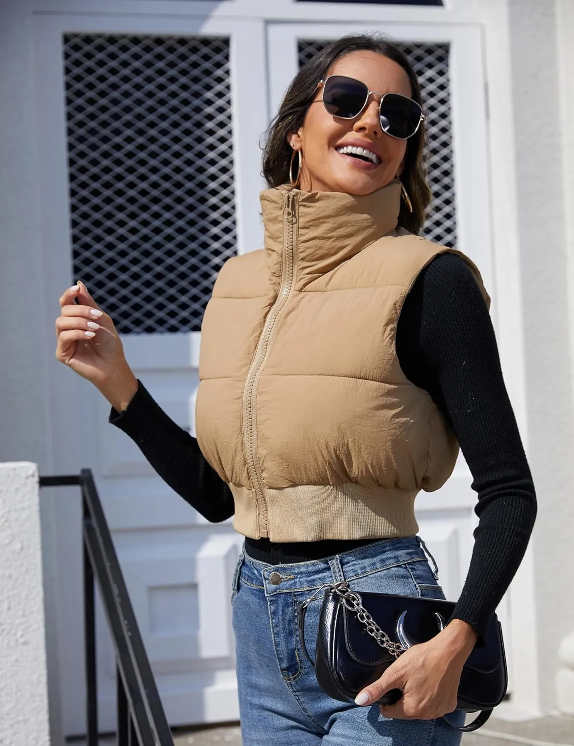 Dqbeng Cropped Puffer Vest Women Zip Up Stand Collar Sleeveless Outerwear Padded Crop Puffy Vests