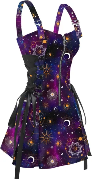 DRESSFO Women's Galaxy Butterfly Skull Mushroom Print Lace Up Mini Dress Half Zipper Adjustable Buckle Strap Dress