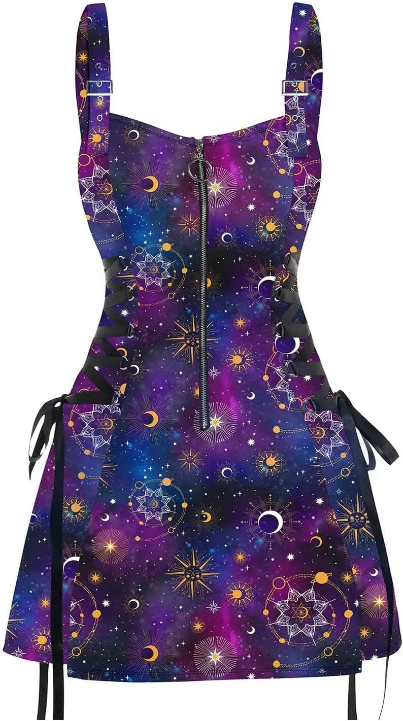 DRESSFO Women's Galaxy Butterfly Skull Mushroom Print Lace Up Mini Dress Half Zipper Adjustable Buckle Strap Dress