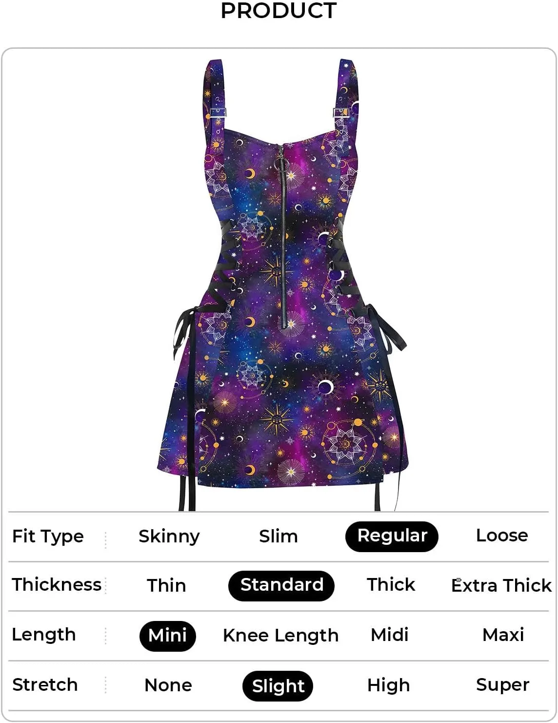 DRESSFO Women's Galaxy Butterfly Skull Mushroom Print Lace Up Mini Dress Half Zipper Adjustable Buckle Strap Dress