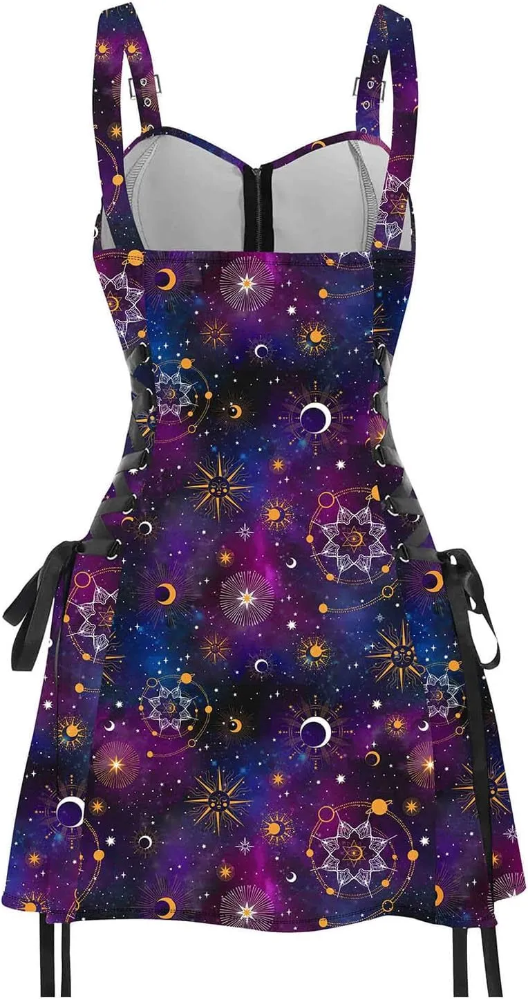 DRESSFO Women's Galaxy Butterfly Skull Mushroom Print Lace Up Mini Dress Half Zipper Adjustable Buckle Strap Dress
