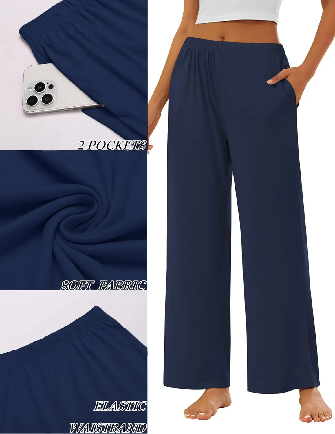 Ekouaer Pajama Pants for Women Soft Comfy Pajama Bottoms Casual Stretch Wide Leg Pants with Pockets