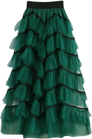 Elegant Layered Ruffle Tulle Skirts for Women High Waist Long Fairy Skirt High Elastic Waist A-Line Mesh Tutu Skirt