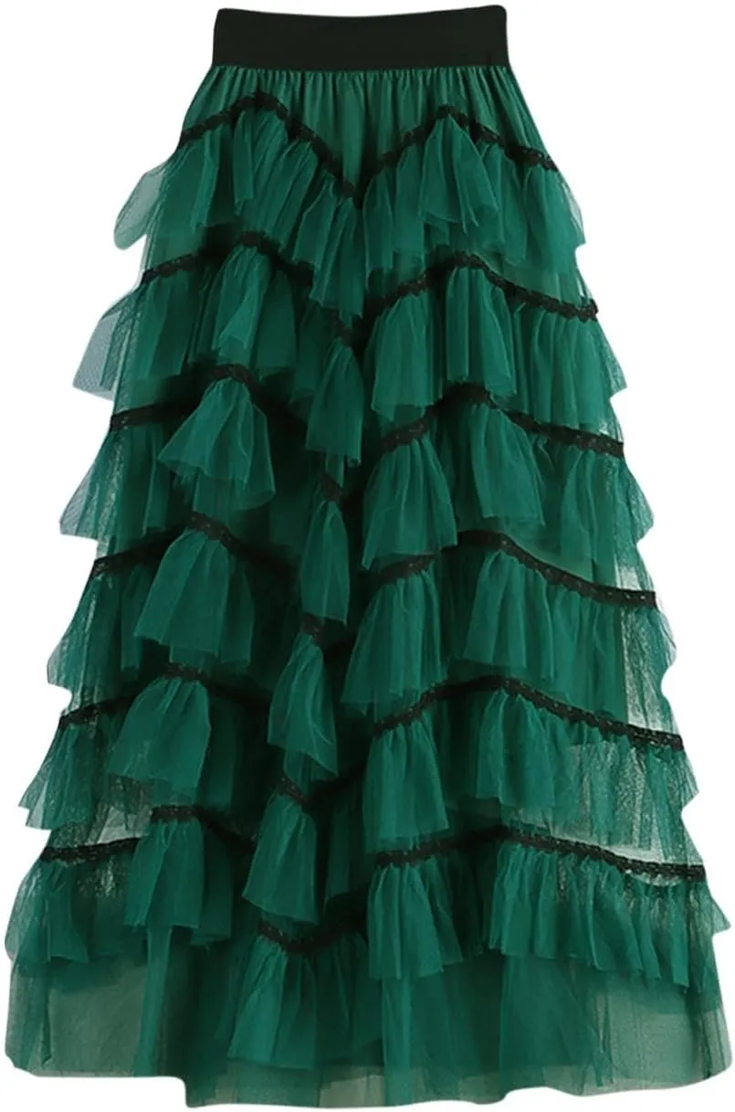 Elegant Layered Ruffle Tulle Skirts for Women High Waist Long Fairy Skirt High Elastic Waist A-Line Mesh Tutu Skirt