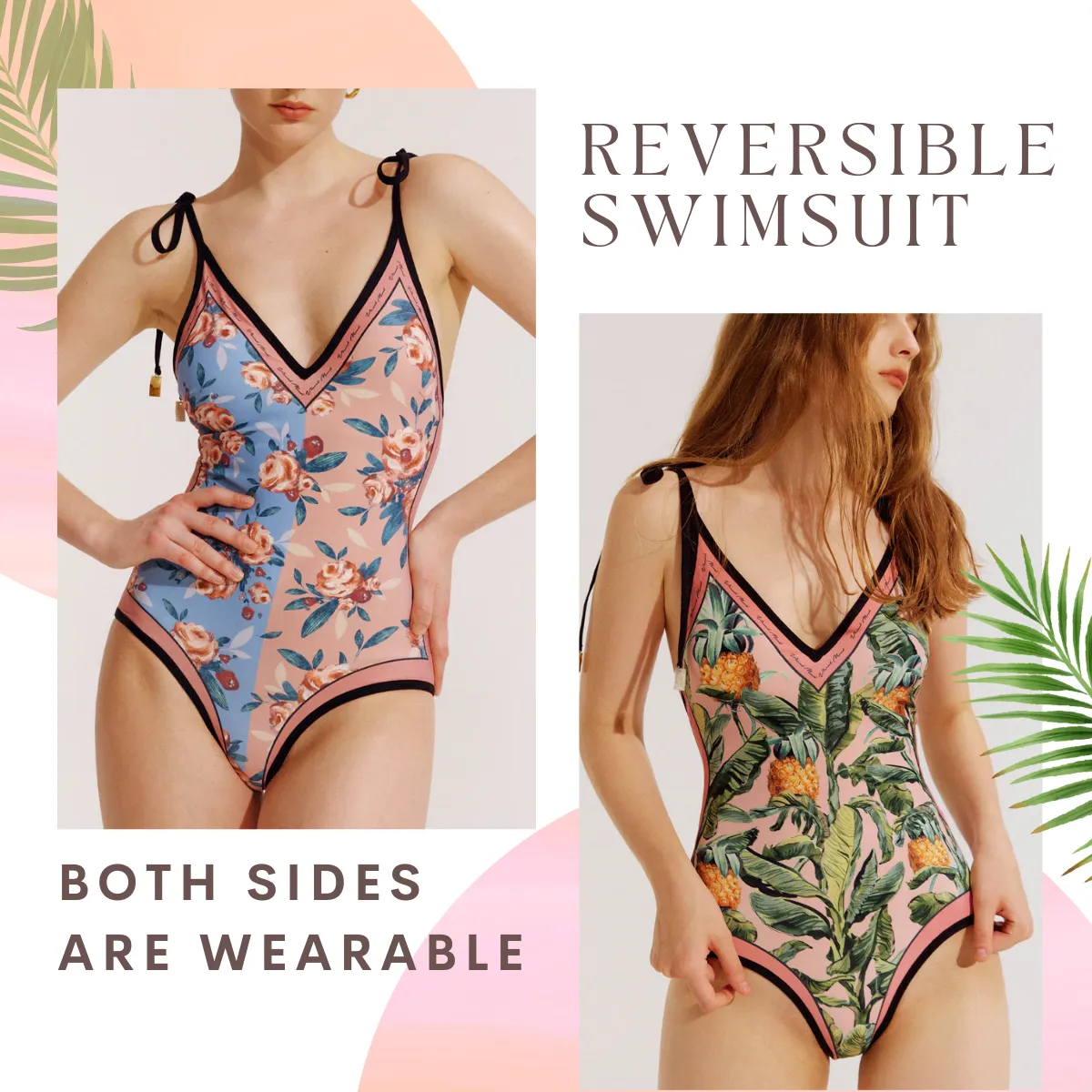 Elegant Reversible Floral V-Neck With Shoulder-Tie Contrast Trim One Piece Swimsuit