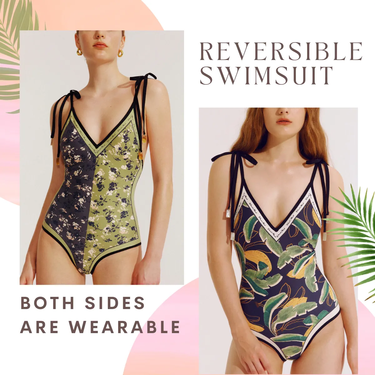 Elegant Reversible Floral V-Neck With Shoulder-Tie Contrast Trim One Piece Swimsuit