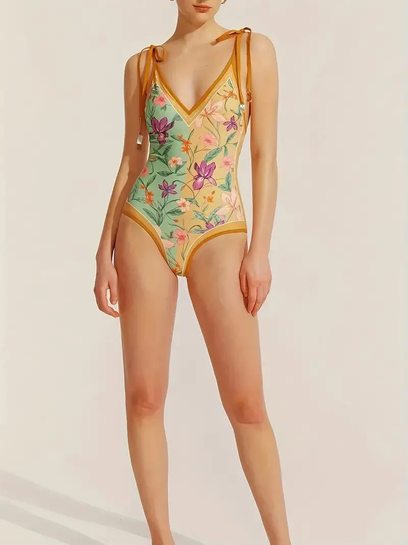 Elegant Reversible Floral V-Neck With Shoulder-Tie Contrast Trim One Piece Swimsuit