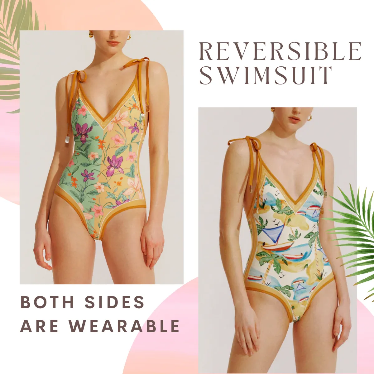 Elegant Reversible Floral V-Neck With Shoulder-Tie Contrast Trim One Piece Swimsuit